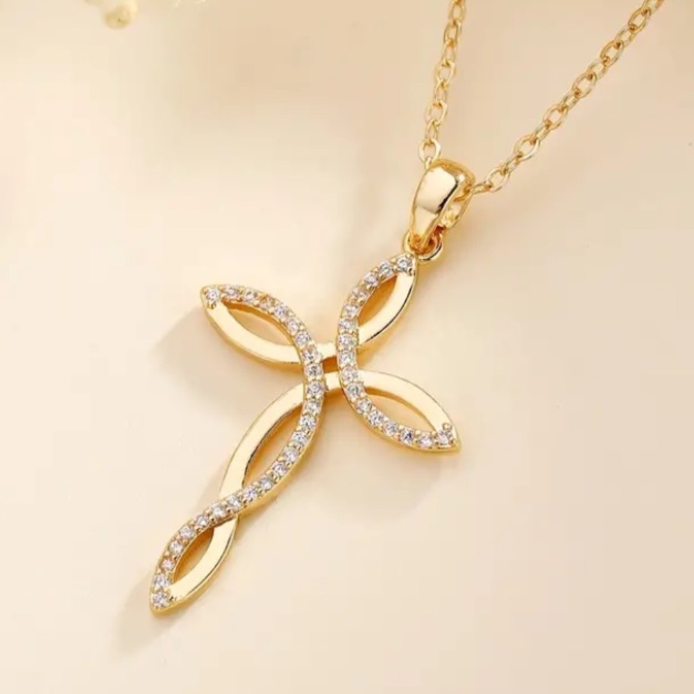 Diamond Twisted Gold Toned Cross Necklace